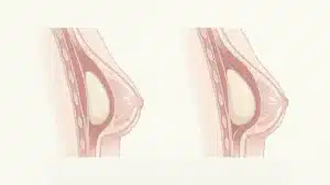 איור אנטומי מסוגנן של חתך חזה המשווה שתל מעל השריר לשתל מתחת לשריר