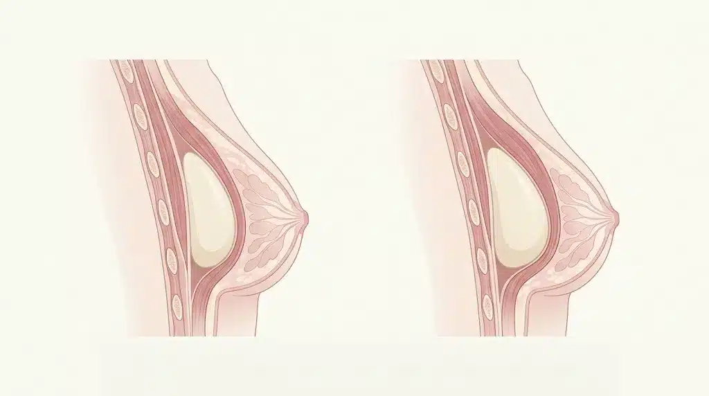 איור אנטומי מסוגנן של חתך חזה המשווה שתל מעל השריר לשתל מתחת לשריר