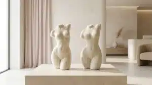 שני פסלי שיש מופשטים של פלג גוף נשי, בצורות שונות, המסמלים הבדל בין מתיחת בטן אחרי לידה לאחר ירידה במשקל